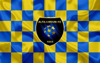 Al-Taawoun FC, 4k, logo, creative art, blue yellow checkered flag, Saudi football club, Saudi Professional League, silk texture, Buraydah, Saudi Arabia, football