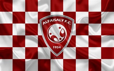 Al-Faisaly FC, 4k, logo, creative art, red and white checkered flag, Saudi football club, Saudi Professional League, silk texture, Harma, Saudi Arabia, football