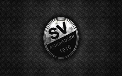 sandhausen fc -, black metal-hintergrund, bundesliga 2, fussball-club, metall-logo, fussball, fu&#223;ball, sv sandhausen, deutschland, sandhausen-logo