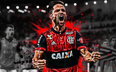 Diego Ribas, 4k, Brasiliano, giocatore di football, il Flamengo, il centrocampista azzurro, rosso, nero, schizzi di vernice, creativo, arte, Serie A, Brasile, calcio, grunge