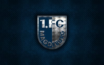 FC Magdeburg, bl&#229; metall bakgrund, Bundesliga 2, tysk fotboll club, metall-logotyp, fotboll, Tyskland, Magdeburg logotyp