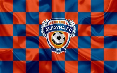 Al-Feiha FC, 4k, logo, creative art, red blue checkered flag, Saudi football club, Saudi Professional League, silk texture, Al-Majma, Saudi Arabia, football