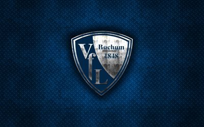 Bochum FC, blu, metallo, sfondo, Bundesliga 2, squadra di calcio tedesca, logo in metallo, calcio, calcio VfL Bochum, in Germania, a Bochum logo