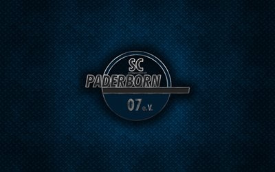 Paderborn07FC, 青色の金属の背景, ブンデスリーガ2, ドイツサッカークラブ, 金属製ロゴ, サッカー, SC Paderborn07, ドイツ, Paderborn07マーク