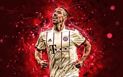 Franck Ribery, uniforme branco, O Bayern de Munique FC, futebol, franc&#234;s de futebolistas, meta, Ribery, Bundesliga, Alemanha, luzes de neon