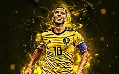 Eden Hazard, joy, Belgium National Team, yellow uniform, Hazard, soccer, footballers, neon lights, Belgian football team