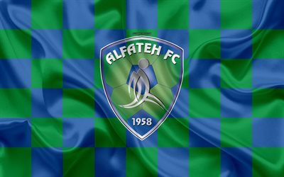 Al-Fateh SC, 4k, logo, creative art, green blue checkered flag, Saudi football club, Saudi Professional League, silk texture, Al-Hasa, Saudi Arabia, football