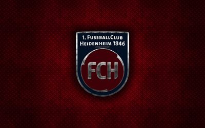 Heidenheim FC, 赤い金属の背景, ブンデスリーガ2, ドイツサッカークラブ, 金属製ロゴ, サッカー, FC Heidenheim1846, ドイツ, Heidenheimロゴ