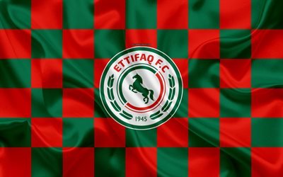 Al-Ettifaq FC, 4k, logo, creative art, vihre&#228; punainen ruudullinen lippu, Saudi football club, Saudi Professional League, silkki tekstuuri, Dammam, Saudi-Arabia, jalkapallo