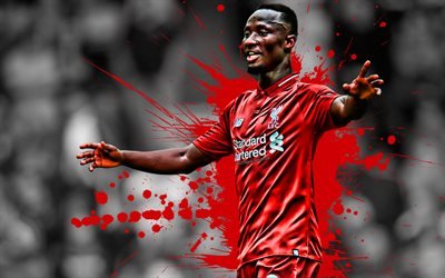 Naby Keita, 4k, Guinean football player, Liverpool FC, midfielder, red paint splashes, creative art, Premier League, England, football, grunge