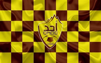 Ohod Club, 4k, logo, creative art, yellow brown checkered flag, Saudi football club, Saudi Professional League, silk texture, Medina, Saudi Arabia, football, Ohod FC