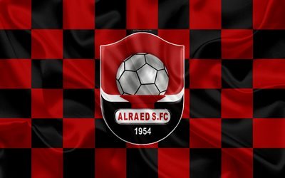 Al-Raed FC, 4k, logo, creative art, krsno black checkered flag, Saudi football club, Saudi Professional League, silk texture, Buraydah, Saudi Arabia, football