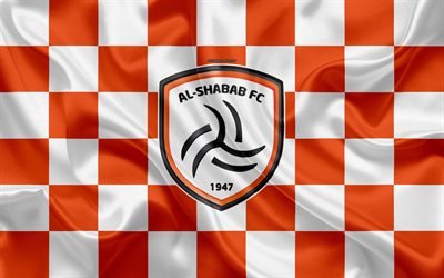 Al-Shabab FC, 4k, logo, art cr&#233;atif, orange blanc drapeau &#224; damier, club de football Saoudien Saudi Professional League, soie, texture, Riyad, en Arabie Saoudite, le football
