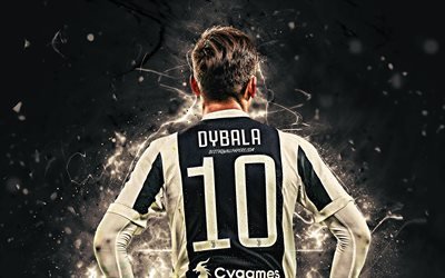 Paulo Dybala, la Juve, vista posterior, Blanquinegros, futbolistas argentinos, Juventus FC, fan art, f&#250;tbol, Serie a, creativo, Dybala, las luces de ne&#243;n