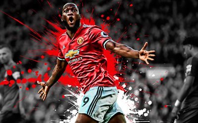 Romelu Lukaku, 4k, English football player, Manchester United FC, striker, red white paint splashes, creative art, Premier League, England, football, grunge