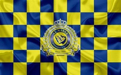 Al-Nassr FC, 4k, logo, creative art, yellow blue checkered flag, Saudi football club, Saudi Professional League, silk texture, Riyadh, Saudi Arabia, football