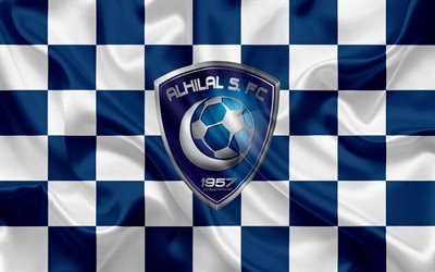 Al-Hilal FC, 4k, logo, art cr&#233;atif, blanc bleu drapeau &#224; damier, club de football Saoudien Saudi Professional League, soie, texture, Riyad, en Arabie Saoudite, le football