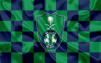 Al-Ahli Saudi FC, 4k, logo, arte criativa, verde bandeira quadriculada azul, Ar&#225;bia futebol clube, Ar&#225;bia Liga Profissional, textura de seda, Jeddah, A Ar&#225;bia Saudita, futebol