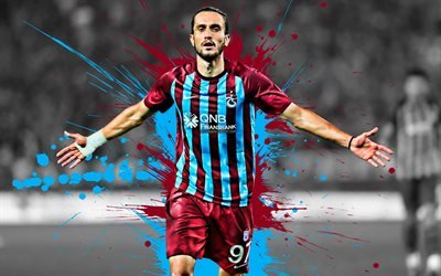Yusuf Yazici, 4k, Turkish football player, Trabzonspor, striker, blue violet paint splashes, creative art, Turkey, football, grunge