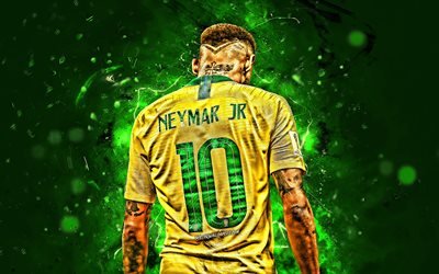 Neymar, vista posteriore, stelle del calcio, Squadra Nazionale del Brasile, sfondo verde, Neymar JR, calcio, creativo, luci al neon, squadra di calcio Brasiliana