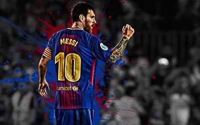 Lionel Messi, 4k, Argentino, jugador de f&#250;tbol, el FC Barcelona, el delantero, azul violeta gotas de pintura, arte creativo, de La Liga bbva, Espa&#241;a, Catalu&#241;a, la estrella del f&#250;tbol, el f&#250;tbol, el grunge, el de Messi