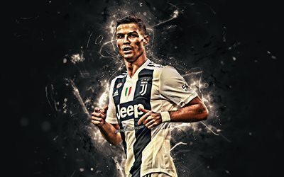 Ronaldo, close-up, Juventus FC, CR7 Juve, Bianconeri, portuguese footballers, abstract art, soccer, Serie A, striker, Cristiano Ronaldo, neon lights, CR7