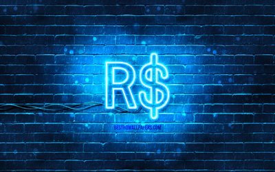 Brazilian real neon icon, 4k, blue background, currency, neon symbols, Brazilian real, neon icons, Brazilian real sign, currency signs, Brazilian real icon, currency icons