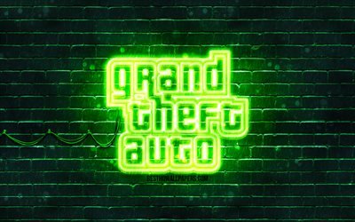 GTAグリーンロゴ, 4k, 緑のブリックウォール, グランドセフトオートよ, GTAロゴ, GTAネオンロゴ, GTA