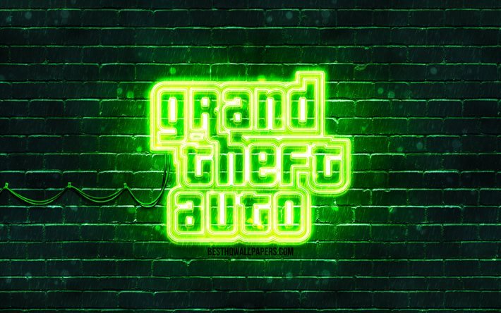 GTA-vihre&#228; logo, 4k, vihre&#228; tiilisein&#228;, Grand Theft Auto, GTA-logo, GTA-neon-logo, GTA, Grand Theft Auto -logo