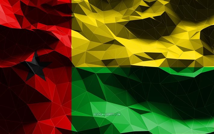 4k, bandiera della Guinea-Bissau, arte low poly, paesi africani, simboli nazionali, bandiere 3D, Guinea-Bissau, Africa, bandiera 3D della Guinea-Bissau