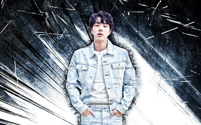 4k, jin, grunge-kunst, bts, koreanische band, blaue abstrakte strahlen, kim seok-jin, kpop, koreanische ber&#252;hmtheit, bangtan boys, k-pop, jin bts, jin 4k
