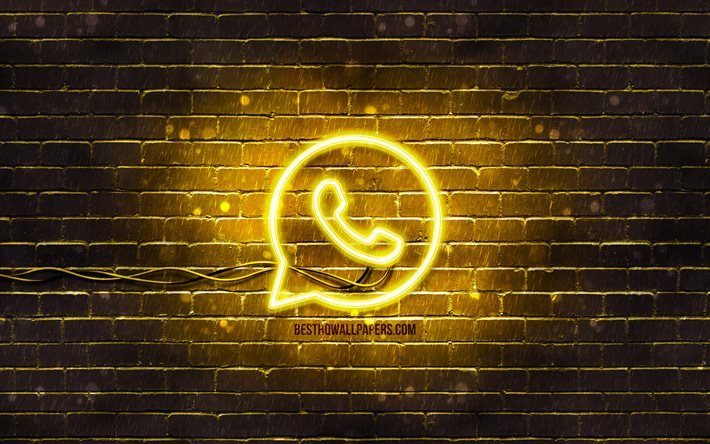 Logotipo amarelo do WhatsApp, 4k, parede de tijolos amarela, logotipo do WhatsApp, redes sociais, logotipo do n&#233;on do WhatsApp, WhatsApp