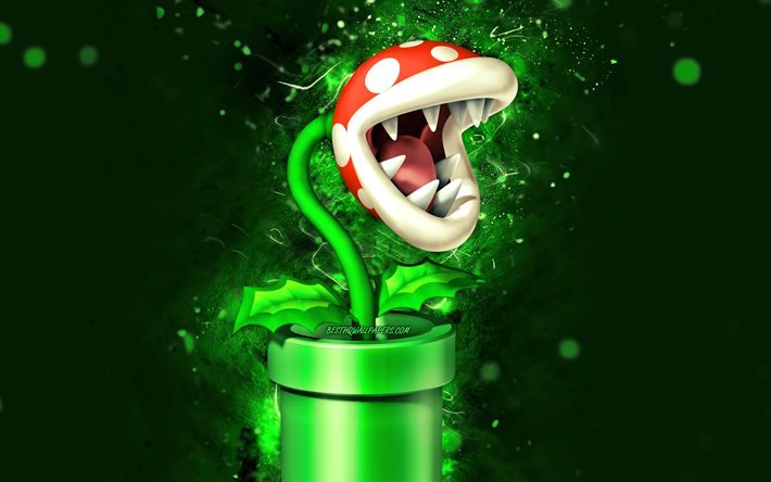Planta Piranha, 4k, planta de desenho animado, luzes de n&#233;on verdes, Super Mario, criativo, Personagens do Super Mario, Super Mario Bros, Planta Piranha Super Mario