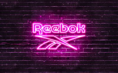 Logotipo roxo da Reebok, 4k, parede de tijolos roxa, logotipo da Reebok, marcas de moda, logotipo de n&#233;on da Reebok, Reebok