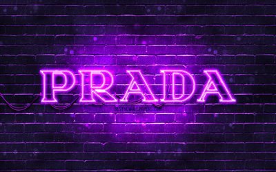 Logotipo Prada violeta, 4k, parede de tijolos violeta, logotipo Prada, marcas de moda, logotipo Prada neon, Prada