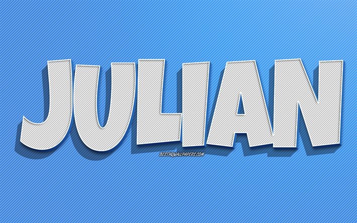 Julian, fond de lignes bleues, fonds d&#39;&#233;cran avec des noms, nom Julian, noms masculins, carte de voeux Julian, dessin au trait, photo avec nom Julian