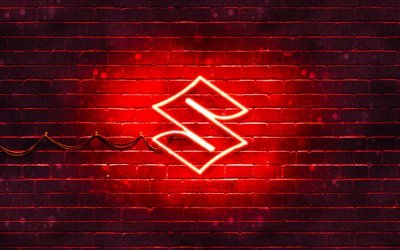 スズキの赤いロゴ, 4k, 赤レンガの壁, 鈴木ロゴ, 車のブランド, スズキネオンロゴ, スズキ