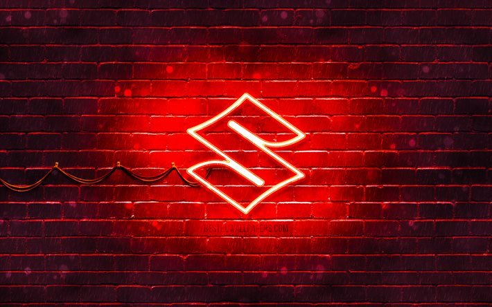 Logotipo rojo de Suzuki, 4k, pared de ladrillo rojo, logotipo de Suzuki, marcas de autom&#243;viles, logotipo de ne&#243;n de Suzuki, Suzuki