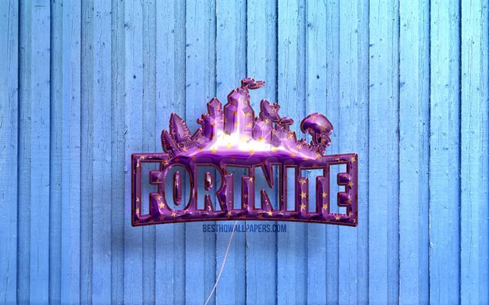 4k, logo Fortnite, Fortnite Battle Royale, ballons r&#233;alistes violets, logo 3D Fortnite, Fortnite, fonds en bois bleus