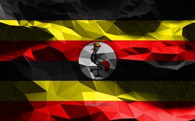 4k, Ugandan lippu, matala poly-taide, Afrikan maat, kansalliset symbolit, 3D-liput, Uganda, Afrikka, Ugandan 3D-lippu