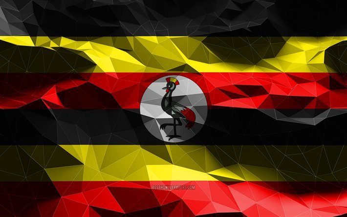 4k, ugandische flagge, niedrige polykunst, afrikanische l&#228;nder, nationale symbole, flagge von uganda, 3d-flaggen, uganda, afrika, uganda 3d-flagge, uganda-flagge