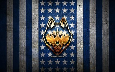 UConn Huskies flag, NCAA, blue white metal background, american football team, UConn Huskies logo, USA, american football, golden logo, UConn Huskies
