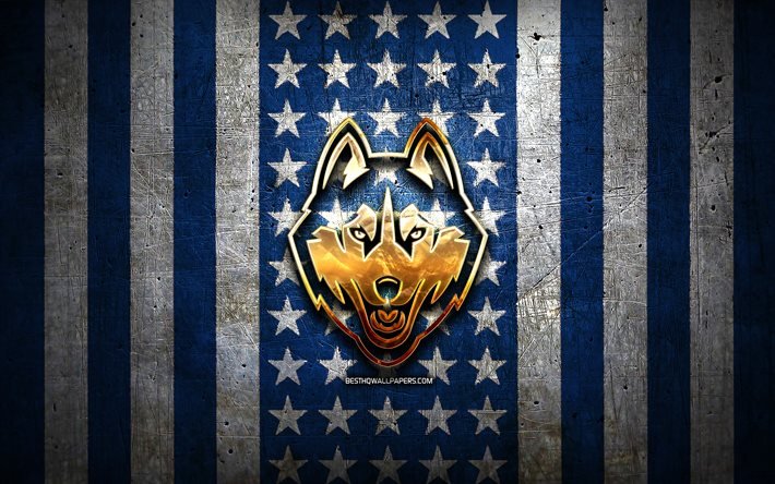 uconn huskies flagge, ncaa, blauer wei&#223;er metallhintergrund, american-football-team, uconn huskies-logo, usa, american football, goldenes logo, uconn huskies