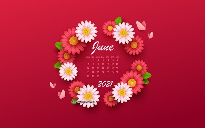 Calendrier de juin 2021, fond avec des fleurs, calendriers d&#39;&#233;t&#233; 2021, calendriers juin, 2021, calendrier juin 2021