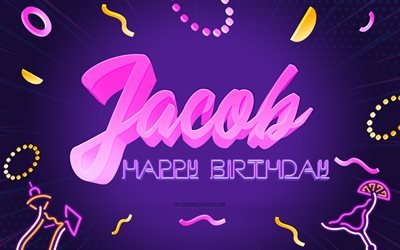 お誕生日おめでとうジェイコブ, 4k, 紫のパーティーの背景, ヤコブ, クリエイティブアート, ジェイコブお誕生日おめでとう, ヤコブの名前, ジェイコブの誕生日, 誕生日パーティーの背景