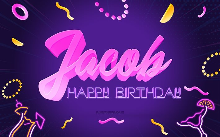 İyi ki doğdun Jacob, 4k, Purple Party Background, Jacob, yaratıcı sanat, Happy Jacob birthday, Jacob name, Jacob Birthday, Birthday Party Background