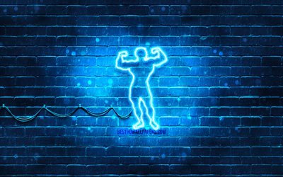 Bodybuilding neon icon, 4k, blue background, neon symbols, Bodybuilding, neon icons, Bodybuilding sign, sports signs, Bodybuilding icon, sports icons
