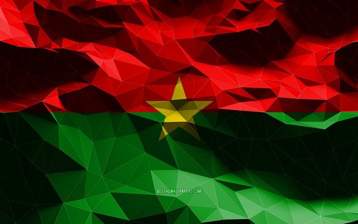 4k, ブルキナファソ, 低ポリアート, アフリカ諸国, 国のシンボル, ブルキナファソの旗, 3Dフラグ, アフリカ, ブルキナファソの3Dフラグ