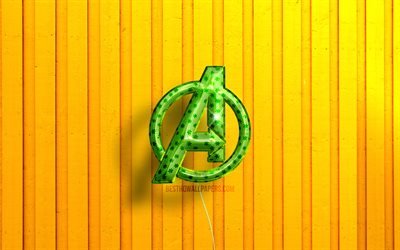 Avengers 3D logosu, 4K, yeşil ger&#231;ek&#231;i balonlar, sarı ahşap arka planlar, s&#252;per kahramanlar, Avengers logosu, Yenilmezler