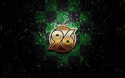 Hannover 96 FC, parlak logo, Bundesliga 2, yeşil siyah damalı arka plan, futbol, Hannover 96, alman futbol kul&#252;b&#252;, Hannover 96 logosu, mozaik sanatı, Almanya